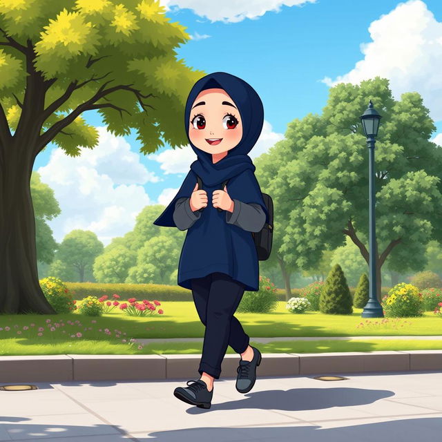 A cartoon character of a girl in a dark blue hijab and a dark blue manteau with gray sleeves, wearing dark blue trousers and gray shoes