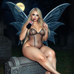 A full-length photographic image of a magical fairy with long, flowing blonde hair and delicate silver wings, seated gracefully on a gravestone in a dimly lit cemetery at night