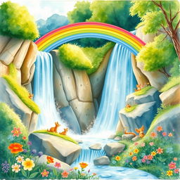 A vibrant and enchanting scene featuring a cascading waterfall with a bright rainbow arching over it