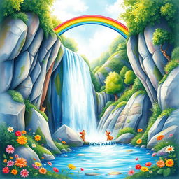 A vibrant and enchanting scene featuring a cascading waterfall with a bright rainbow arching over it