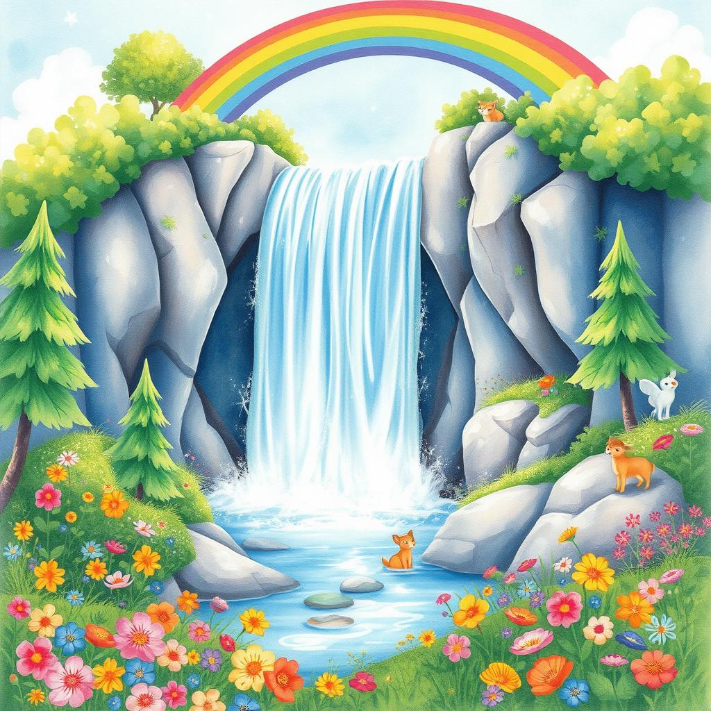 A vibrant and enchanting scene featuring a cascading waterfall with a bright rainbow arching over it