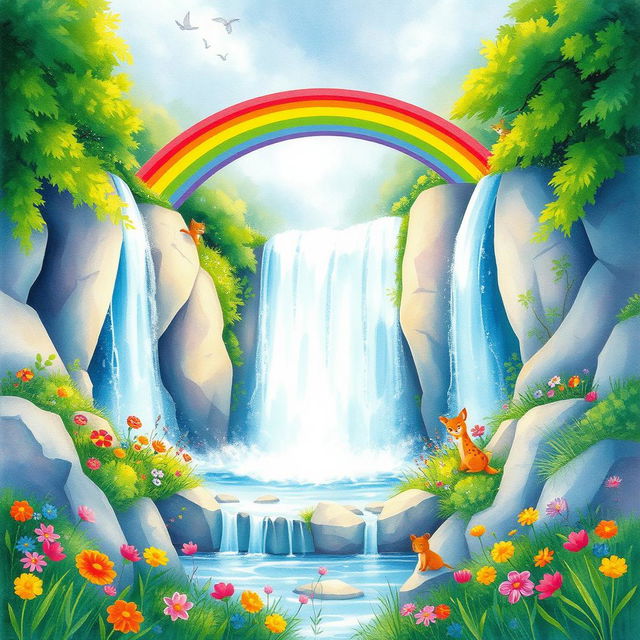 A vibrant and enchanting scene featuring a cascading waterfall with a bright rainbow arching over it