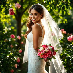 A beautiful, elegantly dressed bride confidently standing in a lush garden, wearing a stunning lace wedding gown with intricate beadwork, a delicate veil cascading down her back, and holding a bouquet of vibrant flowers, surrounded by blooming roses and greenery