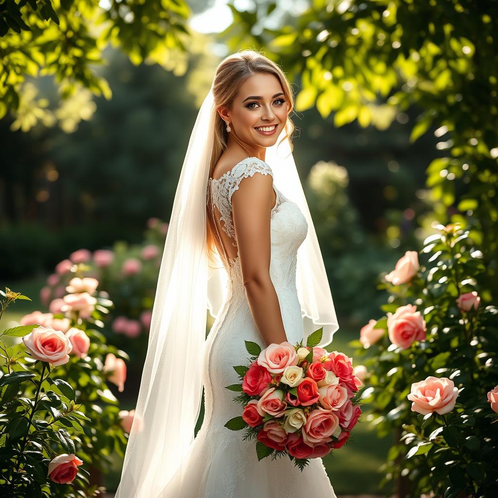 A beautiful, elegantly dressed bride confidently standing in a lush garden, wearing a stunning lace wedding gown with intricate beadwork, a delicate veil cascading down her back, and holding a bouquet of vibrant flowers, surrounded by blooming roses and greenery