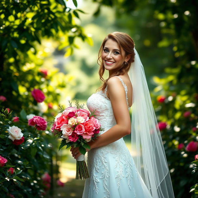 A beautiful, elegantly dressed bride confidently standing in a lush garden, wearing a stunning lace wedding gown with intricate beadwork, a delicate veil cascading down her back, and holding a bouquet of vibrant flowers, surrounded by blooming roses and greenery