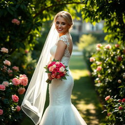 A beautiful, elegantly dressed bride confidently standing in a lush garden, wearing a stunning lace wedding gown with intricate beadwork, a delicate veil cascading down her back, and holding a bouquet of vibrant flowers, surrounded by blooming roses and greenery