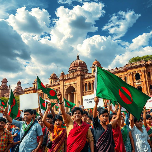 A powerful visual representation of the Bangladesh liberation war, featuring students rallying in the streets holding banners and flags, passionately advocating for their rights and independence