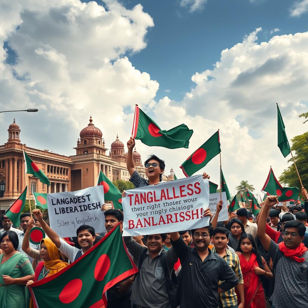 A powerful visual representation of the Bangladesh liberation war, featuring students rallying in the streets holding banners and flags, passionately advocating for their rights and independence