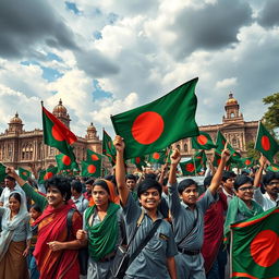 A powerful visual representation of the Bangladesh liberation war, featuring students rallying in the streets holding banners and flags, passionately advocating for their rights and independence