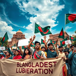 A powerful visual representation of the Bangladesh liberation war, featuring students rallying in the streets holding banners and flags, passionately advocating for their rights and independence