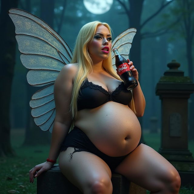 A full-length photographic image of a captivating fairy with long, flowing blonde hair and shimmering silver wings, seated on a gravestone in a quiet cemetery at night