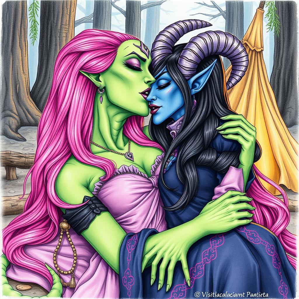 A colored pencil illustration featuring a Yuan-ti pureblood woman with vibrant green scaly skin and long, luxurious bright pink hair, adorned with striking purple lipstick