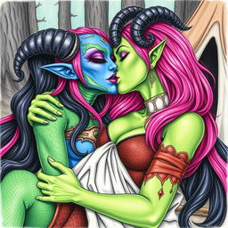 A colored pencil illustration featuring a Yuan-ti pureblood woman with vibrant green scaly skin and long, luxurious bright pink hair, adorned with striking purple lipstick