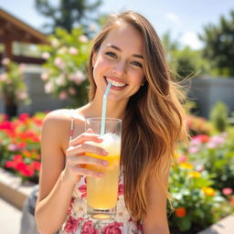 A young woman in a lively, outdoor setting, enjoying a refreshing summer drink from a glass