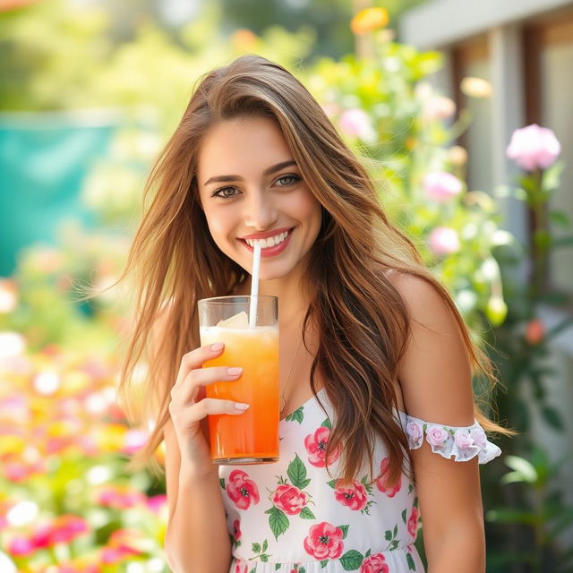 A young woman in a lively, outdoor setting, enjoying a refreshing summer drink from a glass