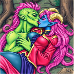 A colored pencil illustration depicting a Yuan-ti pureblood woman with vibrant green scaly skin, characterized by long, full bright pink hair cascading down her back, and accentuated with striking purple lipstick