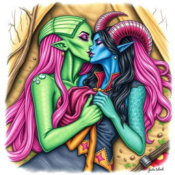 A colored pencil illustration depicting a Yuan-ti pureblood woman with vibrant green scaly skin, characterized by long, full bright pink hair cascading down her back, and accentuated with striking purple lipstick