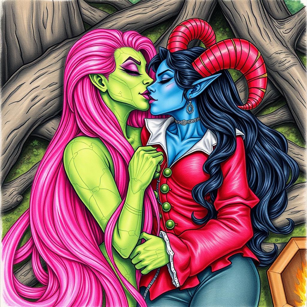 A colored pencil illustration depicting a Yuan-ti pureblood woman with vibrant green scaly skin, characterized by long, full bright pink hair cascading down her back, and accentuated with striking purple lipstick