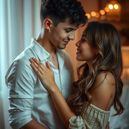 A sensual and intimate scene showcasing a young couple in a loving relationship, where a girl is playfully teasing a boy with a flirtatious gesture