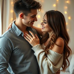 A sensual and intimate scene showcasing a young couple in a loving relationship, where a girl is playfully teasing a boy with a flirtatious gesture