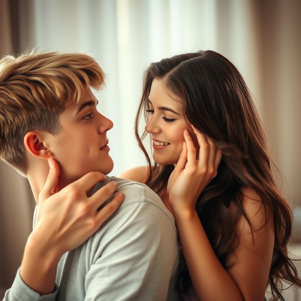 A sensual and intimate scene showcasing a young couple in a loving relationship, where a girl is playfully teasing a boy with a flirtatious gesture