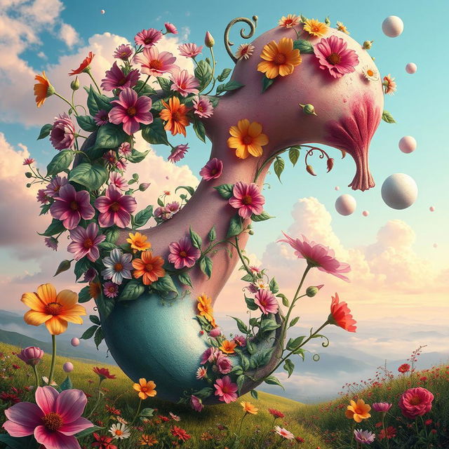 A surrealistic and abstract artwork depicting a large, organic shape resembling a penis, intertwined with vibrant flowers and foliage, set against a dreamlike landscape