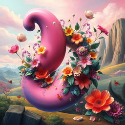 A surrealistic and abstract artwork depicting a large, organic shape resembling a penis, intertwined with vibrant flowers and foliage, set against a dreamlike landscape