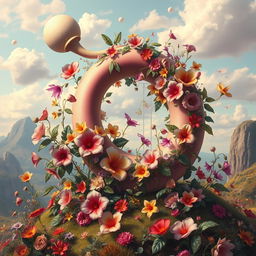 A surrealistic and abstract artwork depicting a large, organic shape resembling a penis, intertwined with vibrant flowers and foliage, set against a dreamlike landscape