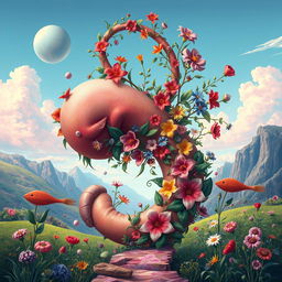 A surrealistic and abstract artwork depicting a large, organic shape resembling a penis, intertwined with vibrant flowers and foliage, set against a dreamlike landscape