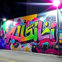A stunning and vibrant graffiti art mural featuring the word 'علی' (Ali) in bold, colorful letters