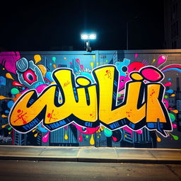 A stunning and vibrant graffiti art mural featuring the word 'علی' (Ali) in bold, colorful letters