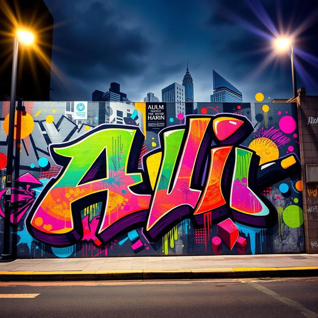 A stunning and vibrant graffiti art mural featuring the word 'علی' (Ali) in bold, colorful letters