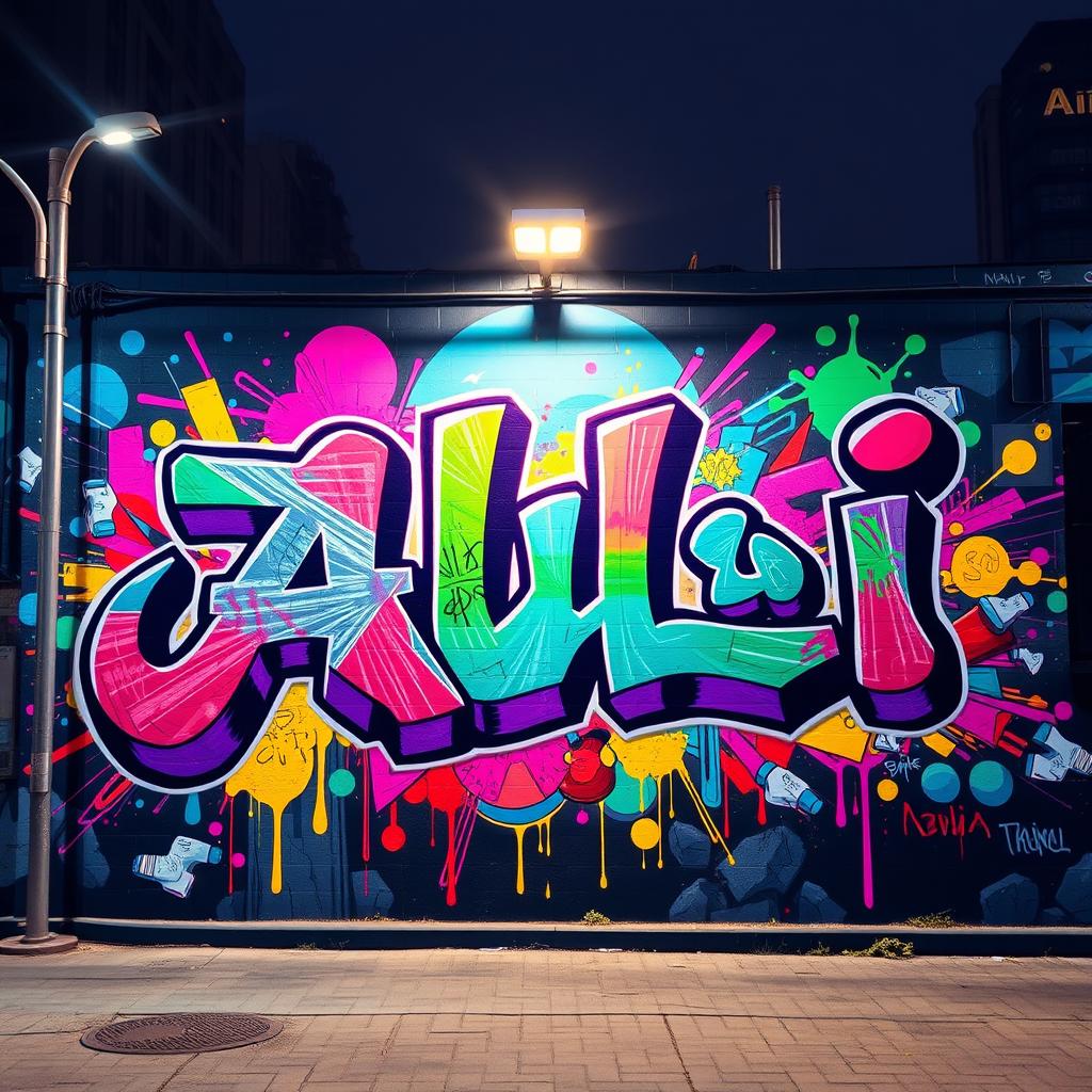 A stunning and vibrant graffiti art mural featuring the word 'علی' (Ali) in bold, colorful letters