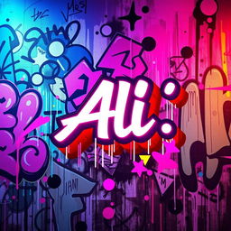 A vibrant and edgy background filled with abstract graffiti art, featuring the name 'Ali' prominently displayed in bold, stylized lettering