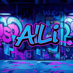 A vibrant and edgy background filled with abstract graffiti art, featuring the name 'Ali' prominently displayed in bold, stylized lettering