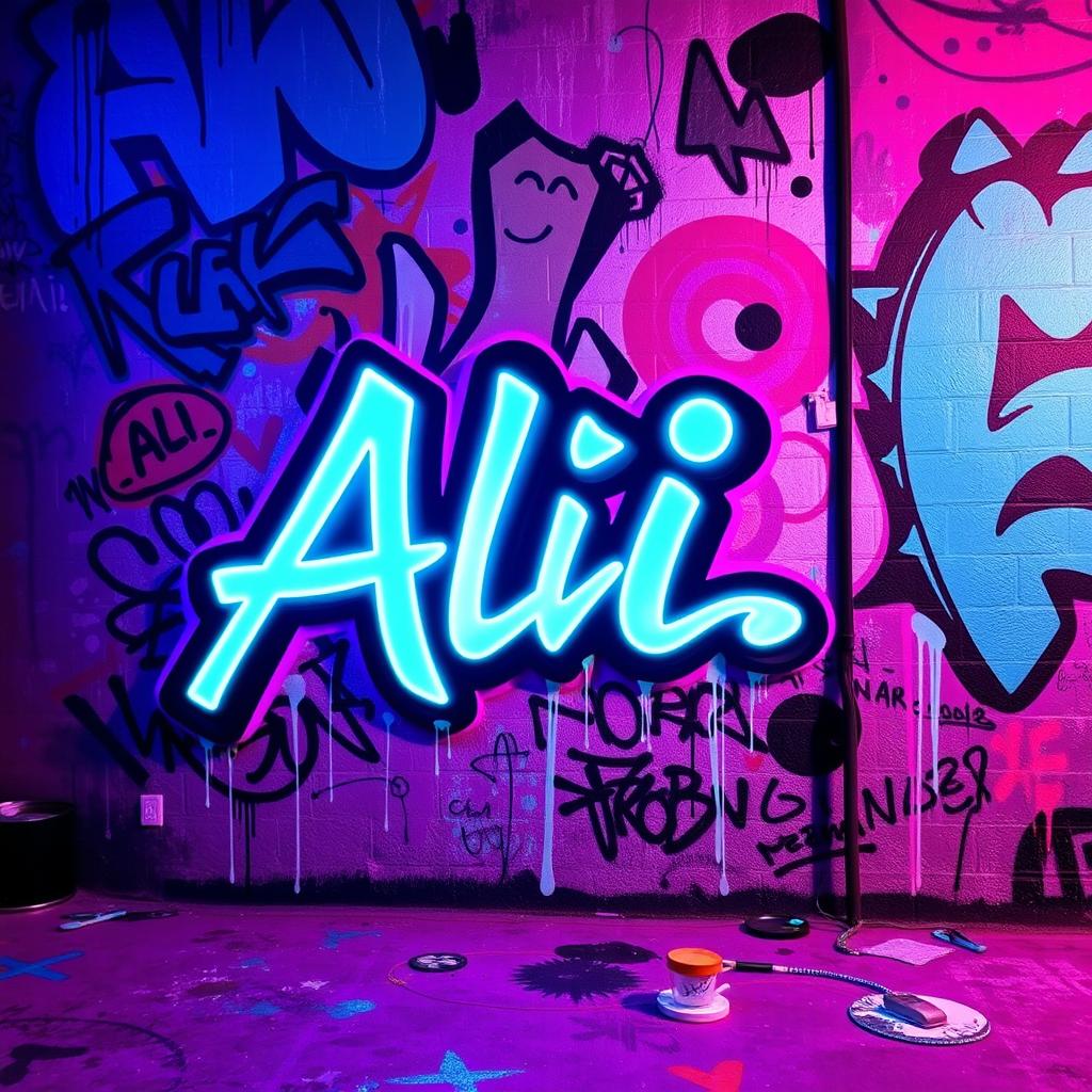 A vibrant and edgy background filled with abstract graffiti art, featuring the name 'Ali' prominently displayed in bold, stylized lettering