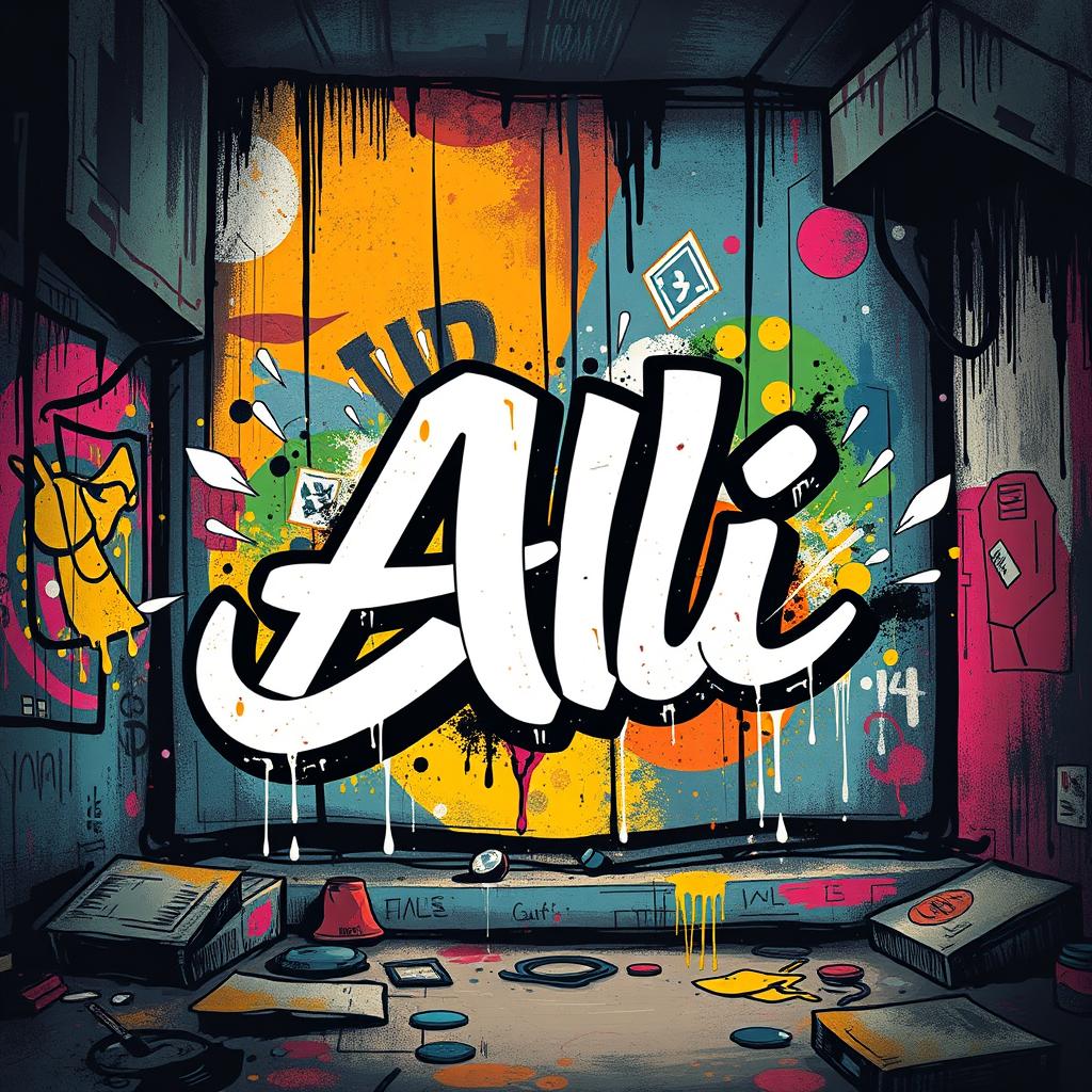 A cool, graffiti-style artwork featuring the word 'Ali' prominently displayed in a vibrant urban background