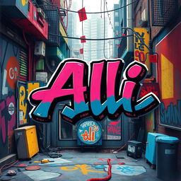A cool, graffiti-style artwork featuring the word 'Ali' prominently displayed in a vibrant urban background