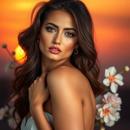 A stunning model with a confident pose, wearing alluring makeup and with cascading hair, standing against a vibrant sunset background