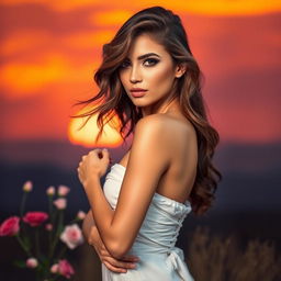 A stunning model with a confident pose, wearing alluring makeup and with cascading hair, standing against a vibrant sunset background