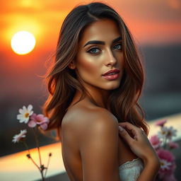 A stunning model with a confident pose, wearing alluring makeup and with cascading hair, standing against a vibrant sunset background