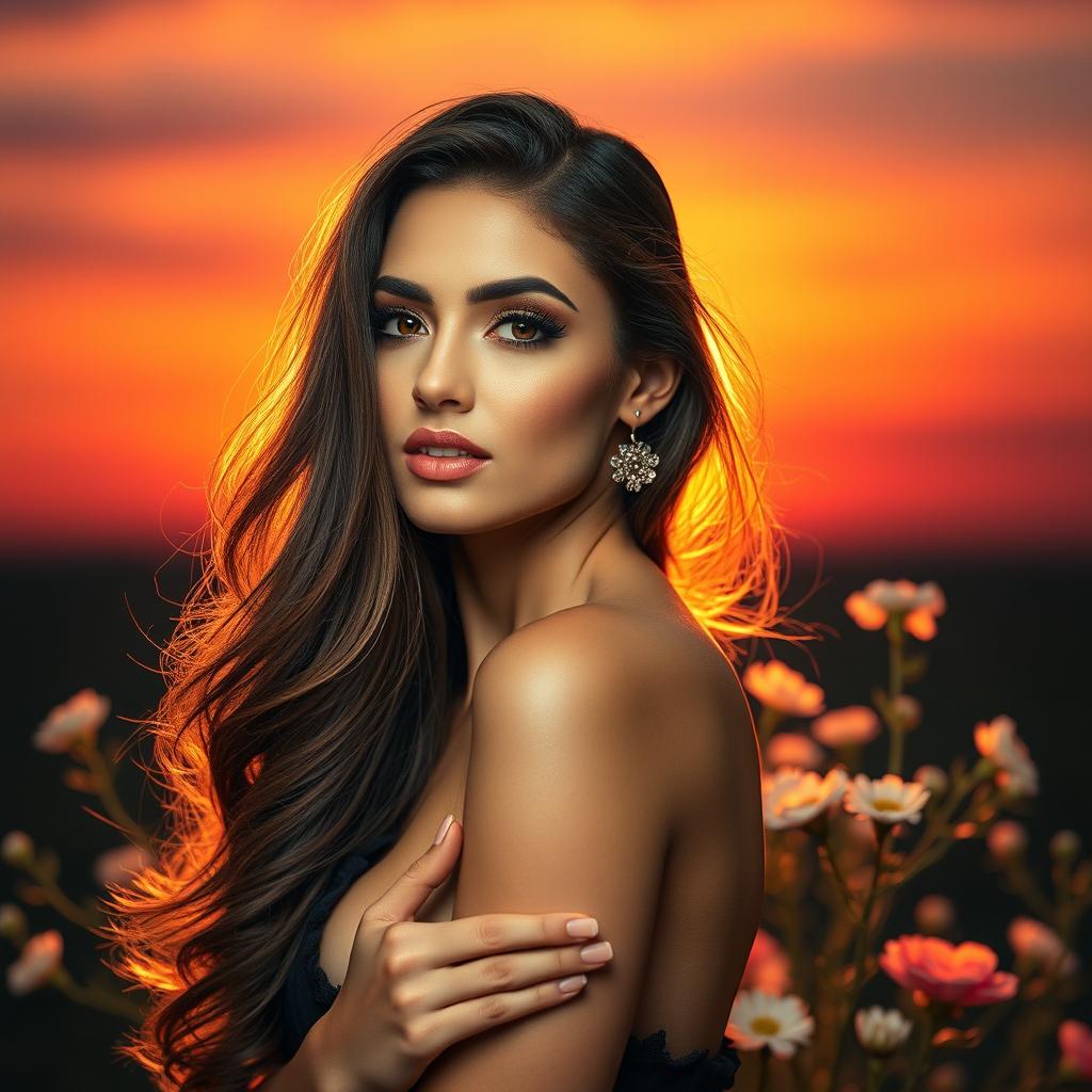 A stunning model with a confident pose, wearing alluring makeup and with cascading hair, standing against a vibrant sunset background