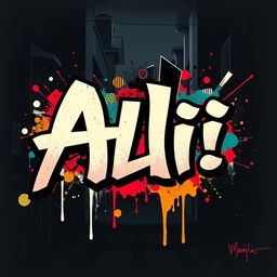 A cool, edgy artistic composition featuring the name 'Ali' prominently displayed in bold, graffiti-style typography