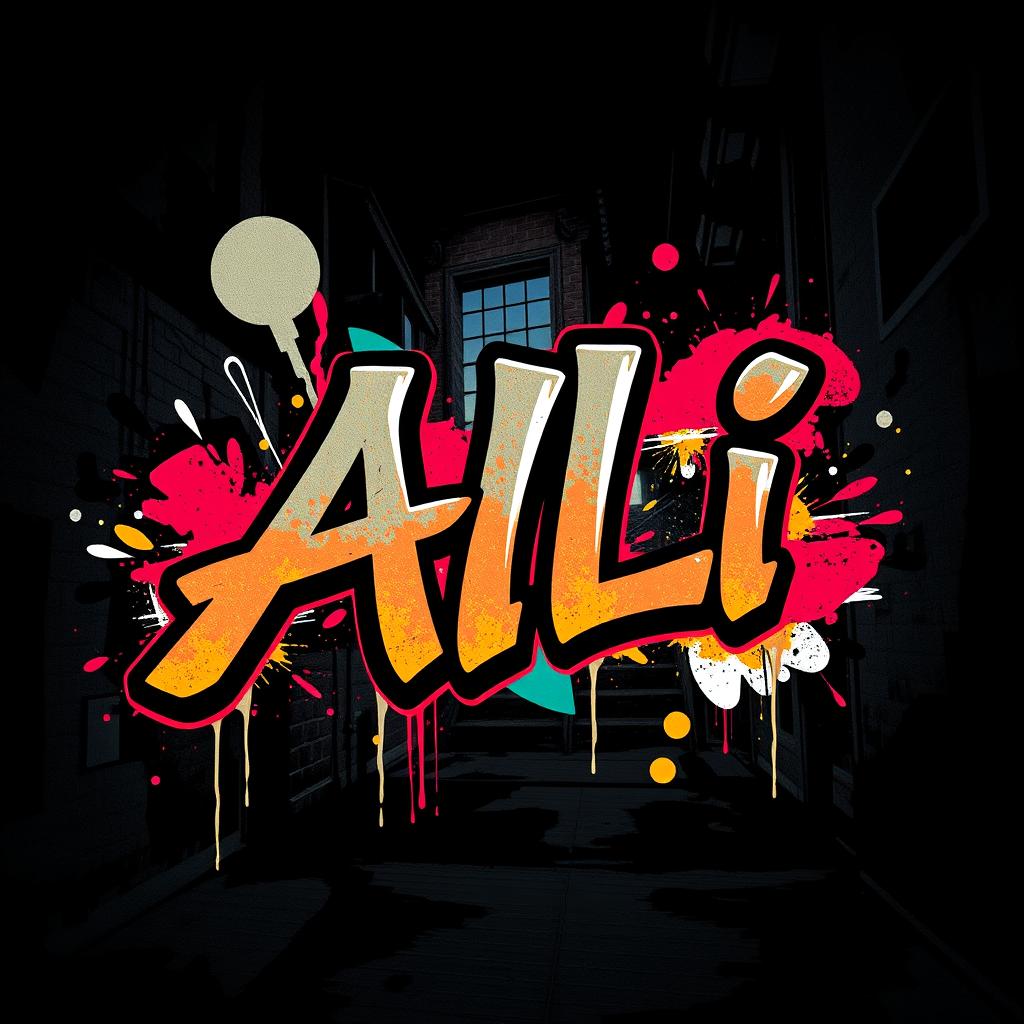 A cool, edgy artistic composition featuring the name 'Ali' prominently displayed in bold, graffiti-style typography