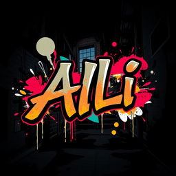 A cool, edgy artistic composition featuring the name 'Ali' prominently displayed in bold, graffiti-style typography