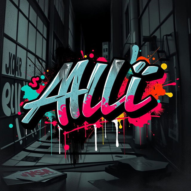 A cool, edgy artistic composition featuring the name 'Ali' prominently displayed in bold, graffiti-style typography