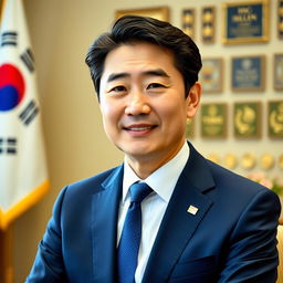 A portrait of Yoon Suk Yeol, the President of South Korea, depicted in an official setting
