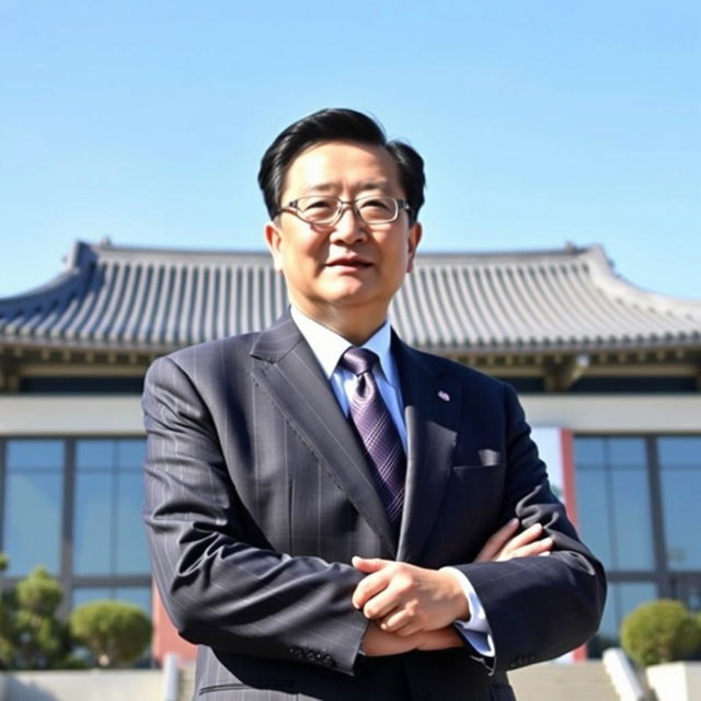 A portrait of President Yoon Suk Yeol standing confidently in a formal suit, with an authoritative expression