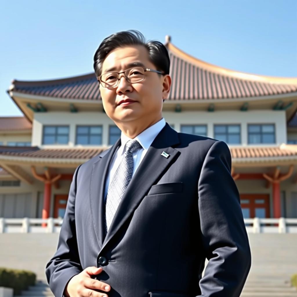 A portrait of President Yoon Suk Yeol standing confidently in a formal suit, with an authoritative expression