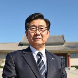 A portrait of President Yoon Suk Yeol standing confidently in a formal suit, with an authoritative expression